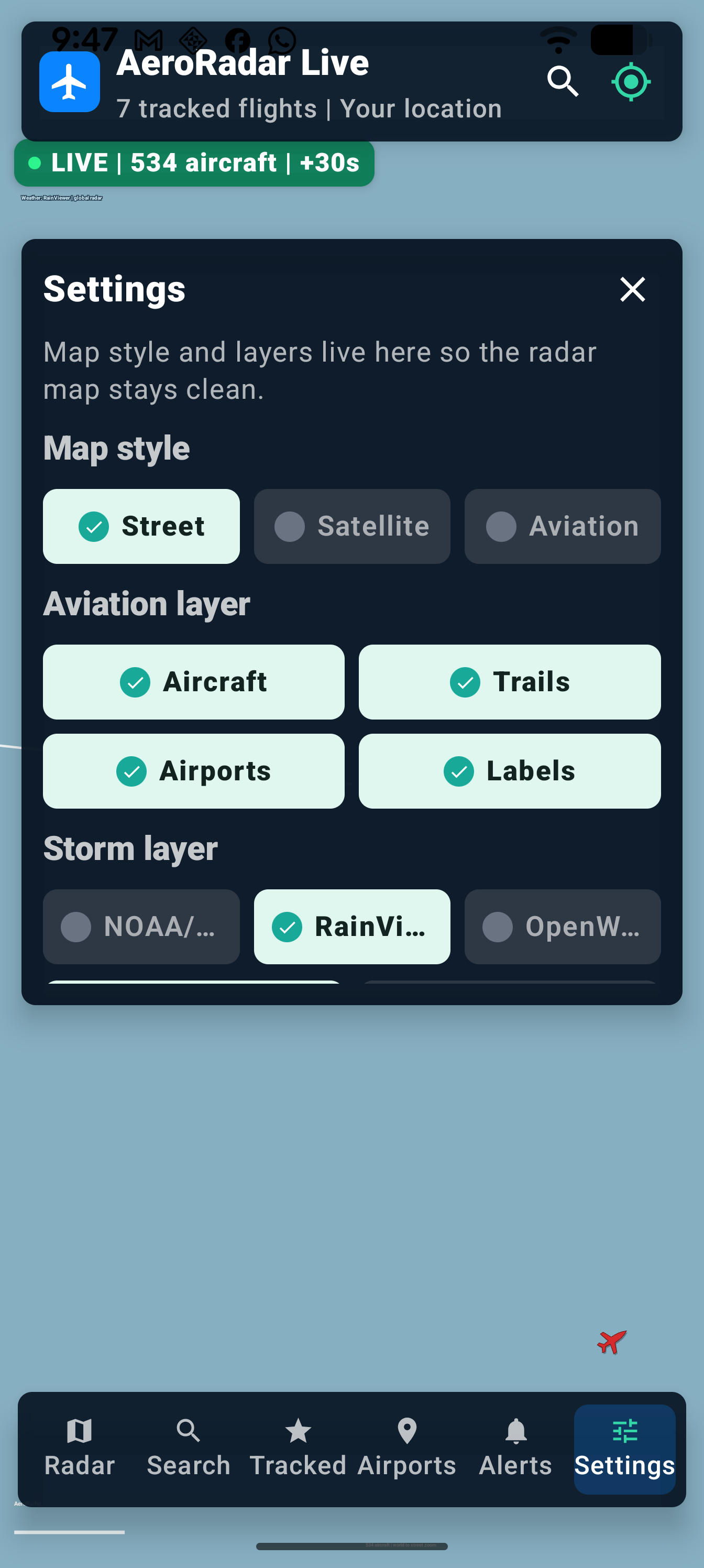 AeroRadar Live settings and layers screenshot